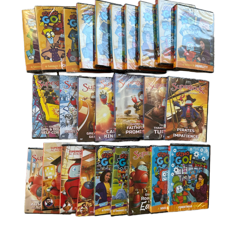 26 DVDs of SuperBook, featuring thrilling Bible stories, Gizmo Go!, and Explorer