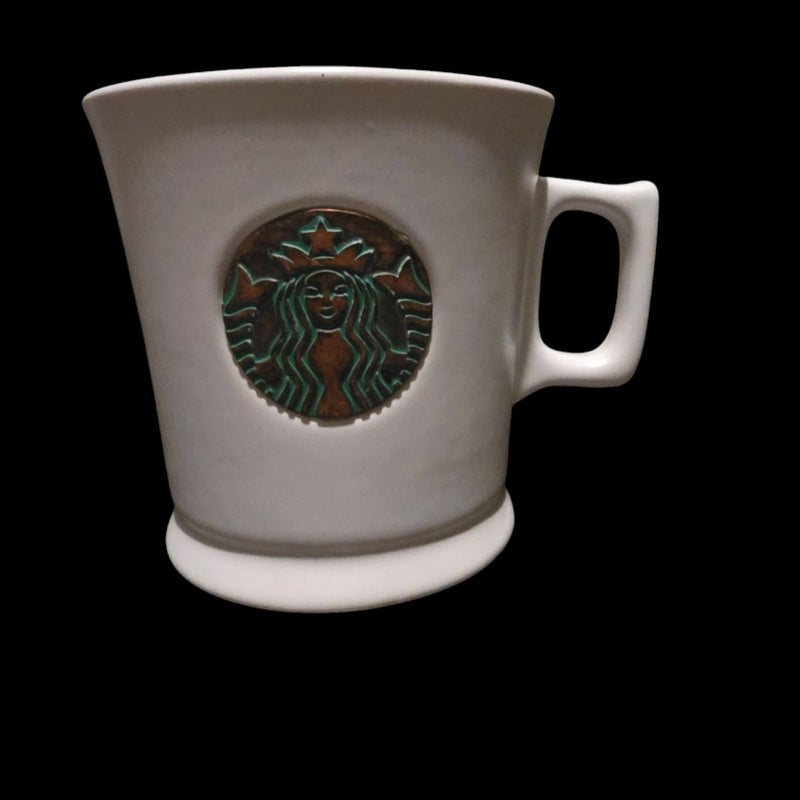 Starbucks White Ceramic Mug Copper Green Mermaid Siren Collection 2014