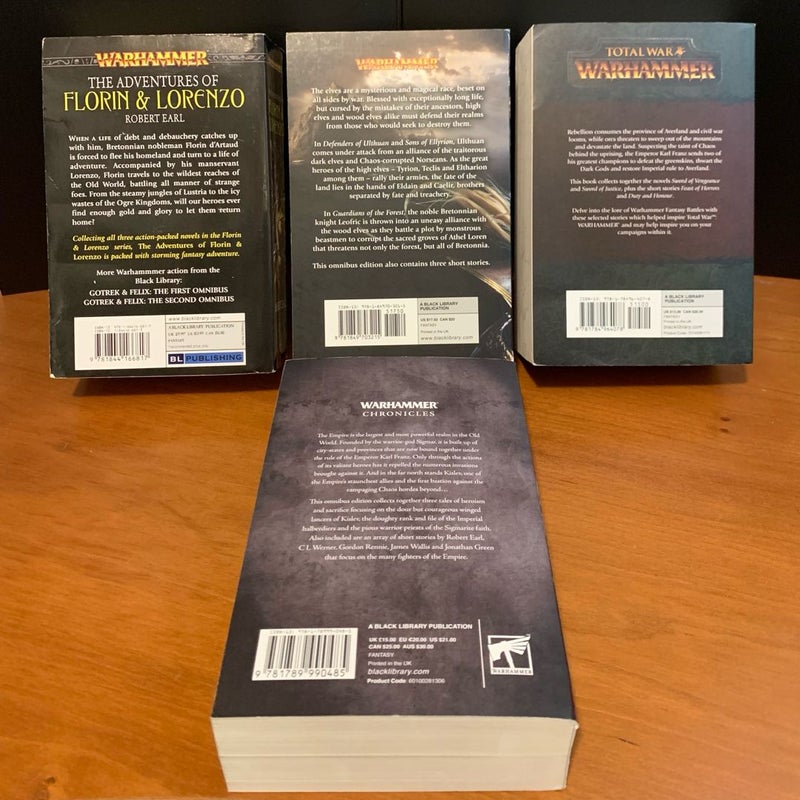 Warhammer Fantasy Omnibus Set: The Adventure of Florin & Lorenzo, Elves, The Emperor’s Armies, Empire at War: Contains the Novels: The Burning Shore, Wild Kingdoms, Savage City, Defenders of Ulthuan, Sons of Ellyrion, Guardians of the Forest, Sword of Vengeance, Sword of Justice, Riders of the Dead, Grimblades, Warrior Priest, Swords of the Empire, and many short stories