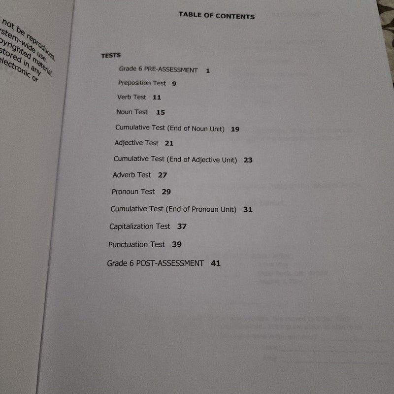 Easy Grammar Grade 6 Student Test Booklet