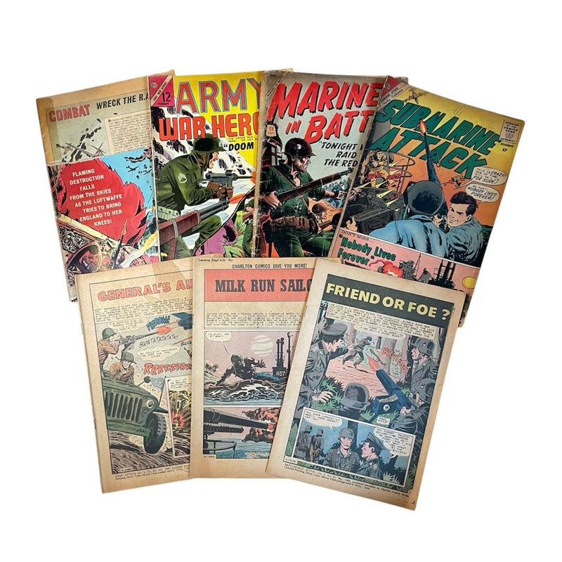 Vintage War Comic Lot 1950s & 60s Set of 7 Damaged Combat Army Books Rough Cond