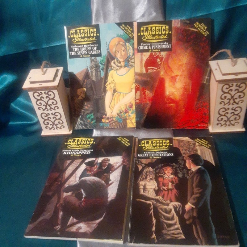 4 Classics Illustrated Acclaim comic lot Dickens, Dostoyevsky
, Kidnapped by Robert Louis Stevenson, 
The House of Seven Gables,
Great Expectations 
Crime & Punishment