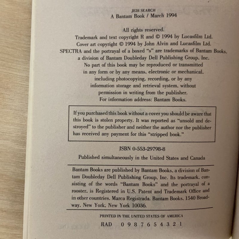 Star Wars Jedi Search (First Edition First Printing-The Jedi Academy Trilogy)