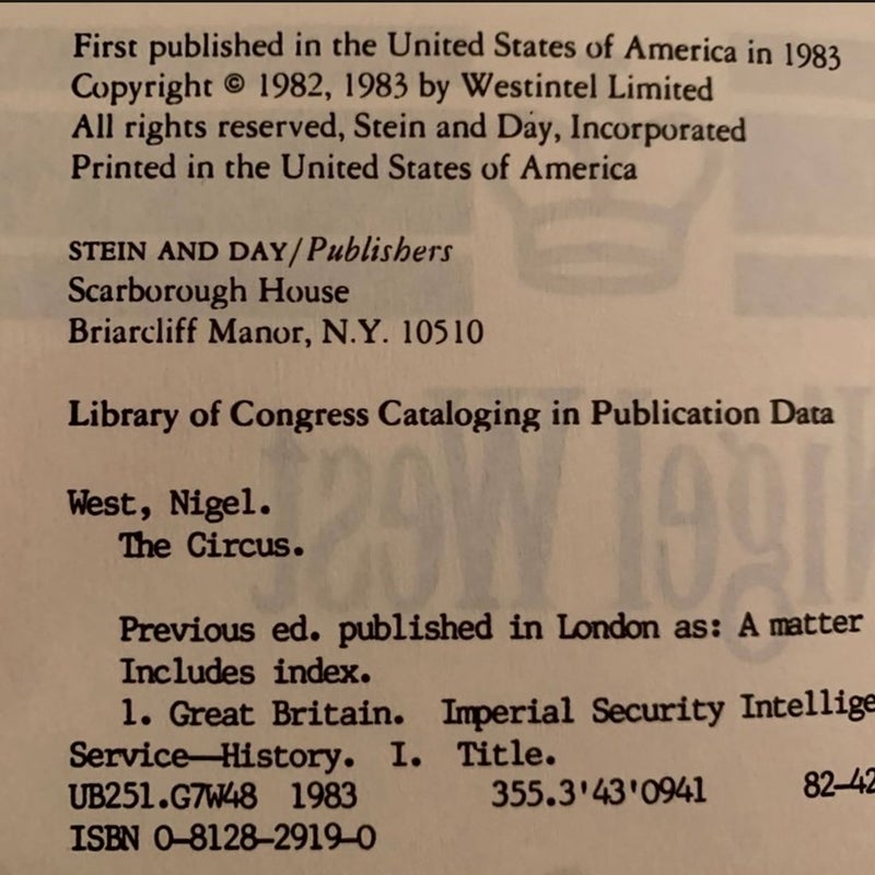 SOLD-  Espionage British Intelligence HC Book CIRCUS by Nigel West MI-5 Operations ~