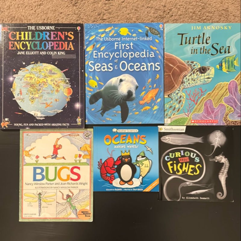 Various ocean, sea life and bug books for kids