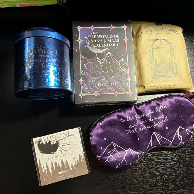 Sarah J. Mass gioodies from multiple boxes like bookish box, fairyloot, illumicrate and owlcrate