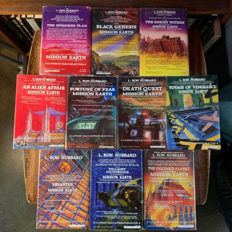 Complete Mission Earth First Edition Dekalogy , Books 1-10: The Invaders Plan, Black Genesis, The Enemy Within, An Alien Affair, Fortune of Fear, Death Quest, Voyage of Vengeance, Disaster, Villianious Victory, The Doomed Planet 