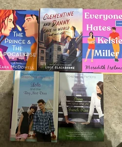 YA romance books (all five books will be sent) The Prince and the Apocalypse (paperback), Clementine and Danny Save the World, Everyone Hates Kelsie Miller, Lola and the Boy Next Door, Anna and the French Kiss (paperback)