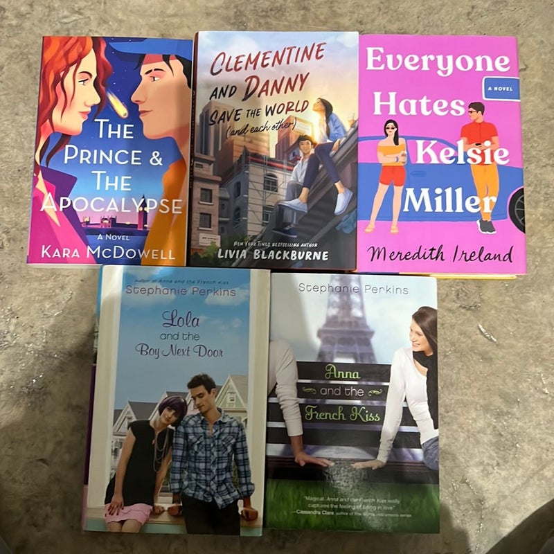 YA romance books (all five books will be sent) The Prince and the Apocalypse (paperback), Clementine and Danny Save the World, Everyone Hates Kelsie Miller, Lola and the Boy Next Door, Anna and the French Kiss (paperback)