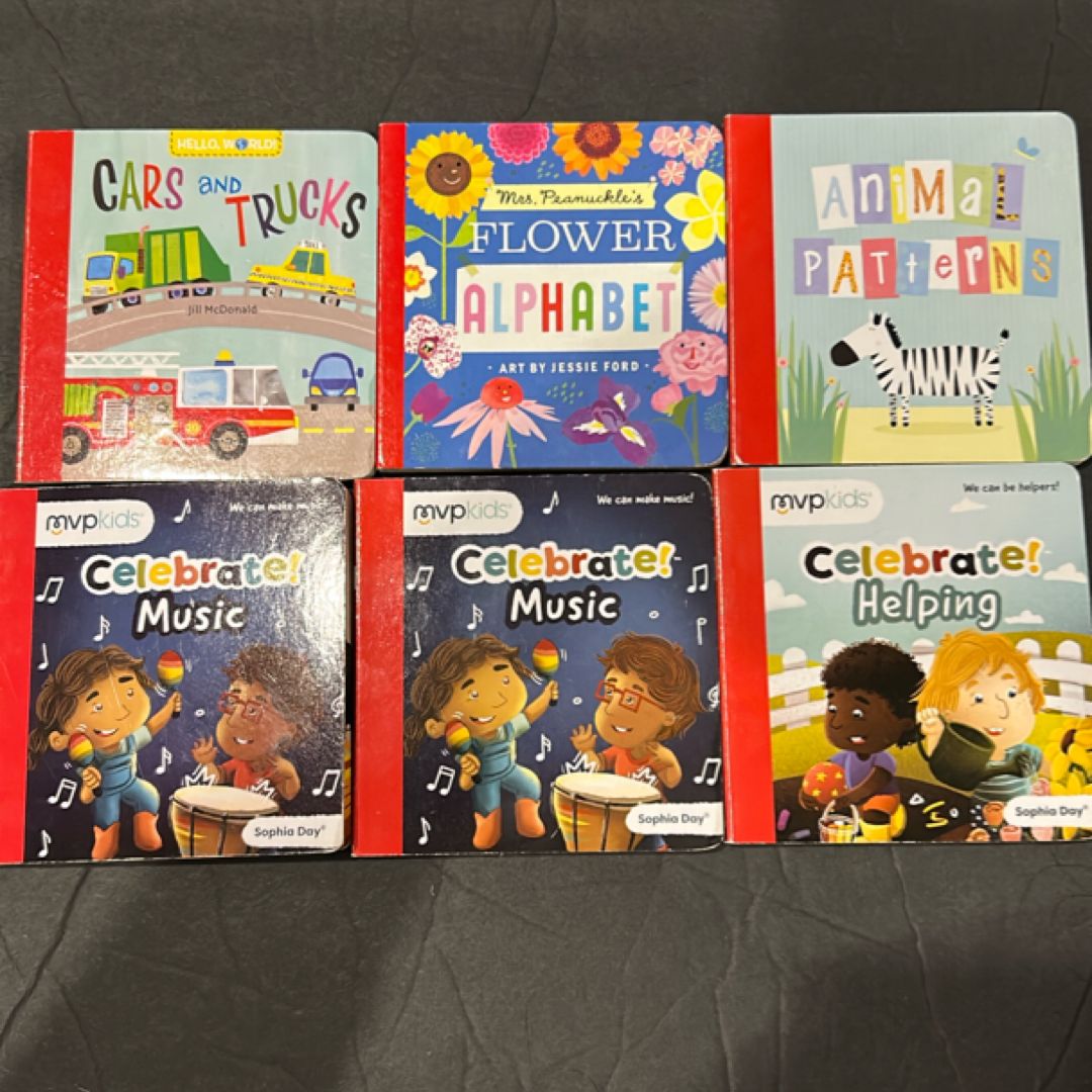 Cars and trucks, flower alphabet, animal patterns, celebrate music and helping 