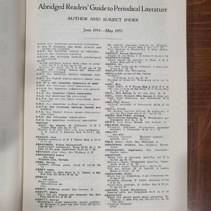 Abridged Readers Guide to Periodical Literature June 1954 to May 1955