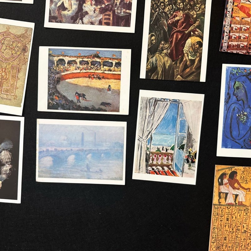 Set of 17 vintage postcards featuring artworks from the 20th century,