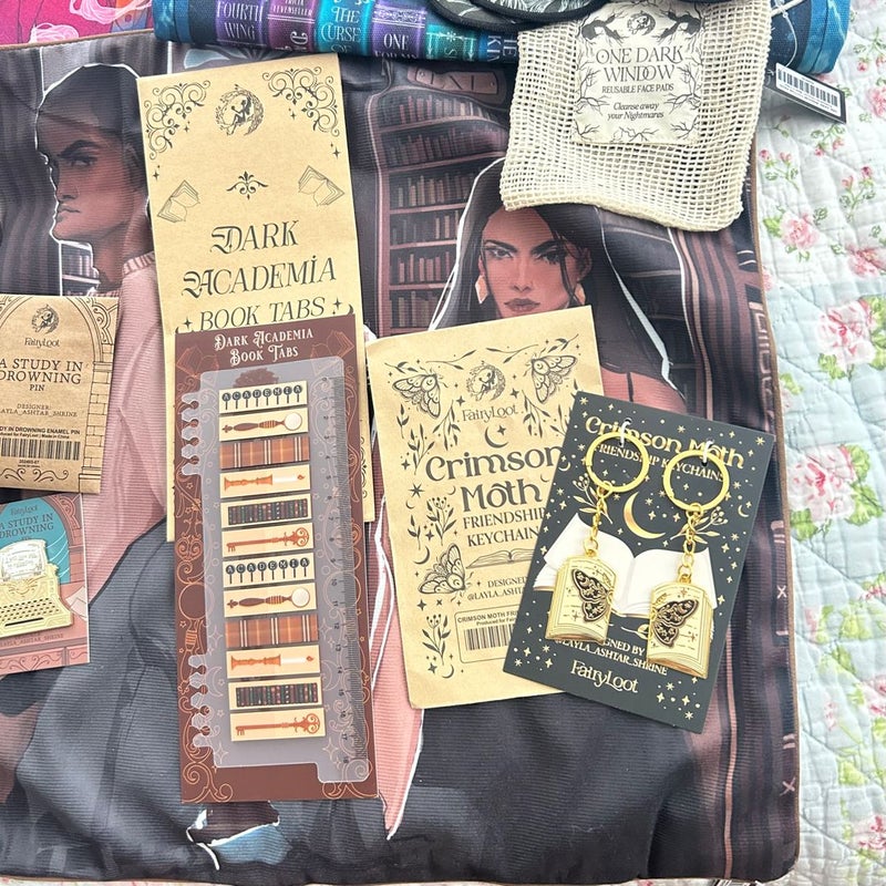 fairyloot bookish trinkets, bags, decor, keychains, stationary, pins