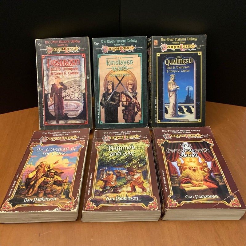 Vintage 1991 First Edition DragonLance: Complete Elven Nations & Dwarven Nations Trilogy Set: Firstborn, The Kinslayer Wars, The Qualinesti, The Covenant of the Forge, Hammer and Axe, The Swordsheath Scroll