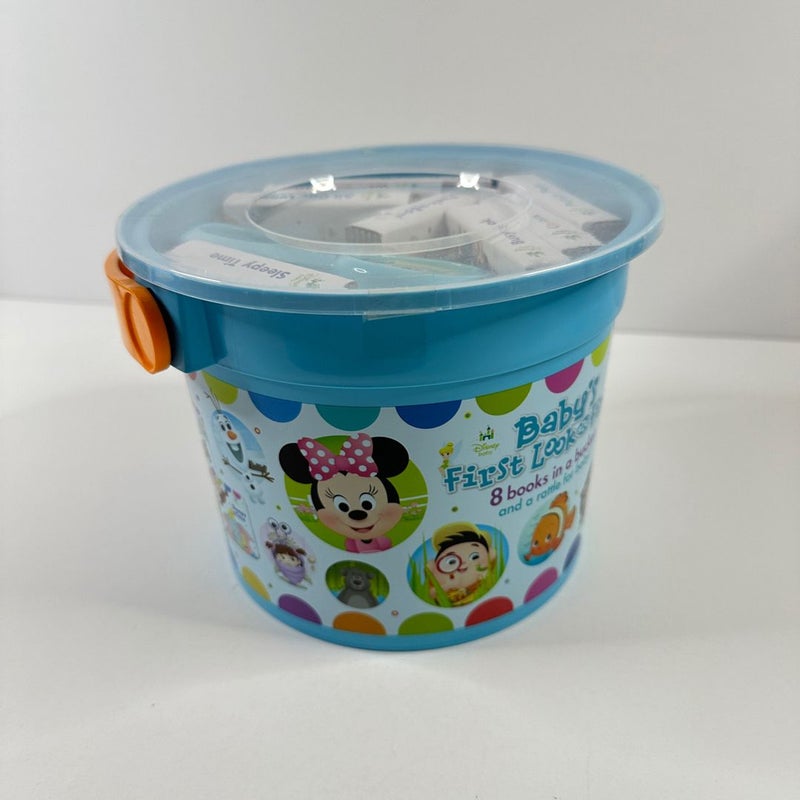 Disney Baby’s First Look and Find Board Book in a Bucket, NEW, 8 Books & Rattle