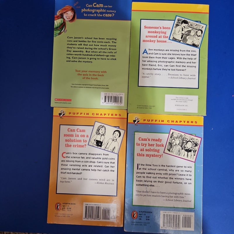 Cam Jansen 4-Pack which includes CAM JANSEN and the Green School Mystery, CAM JANSEN and the Mystery at the Monkey House, CAM JANSEN and the Mystery of the Gold Coins, & CAM JANSEN and the Mystery of the Carnival Prize