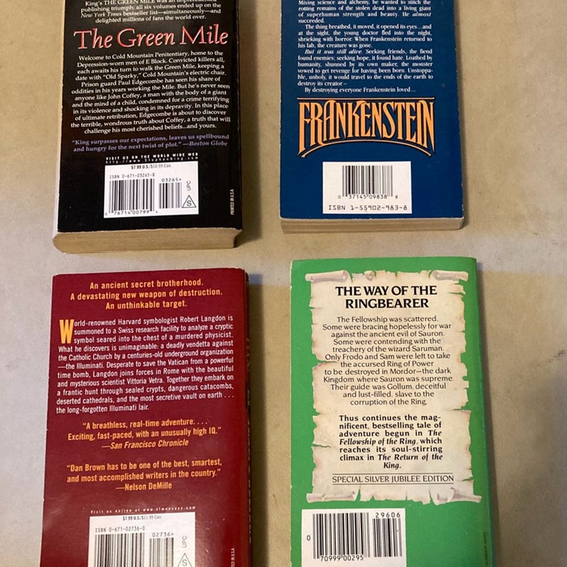  4 BOOK LOT Fantasy, Horror, Suspense - Lord of the Rings Teo Towers, The Green Mile, Frankenstein, Angels & Demons.