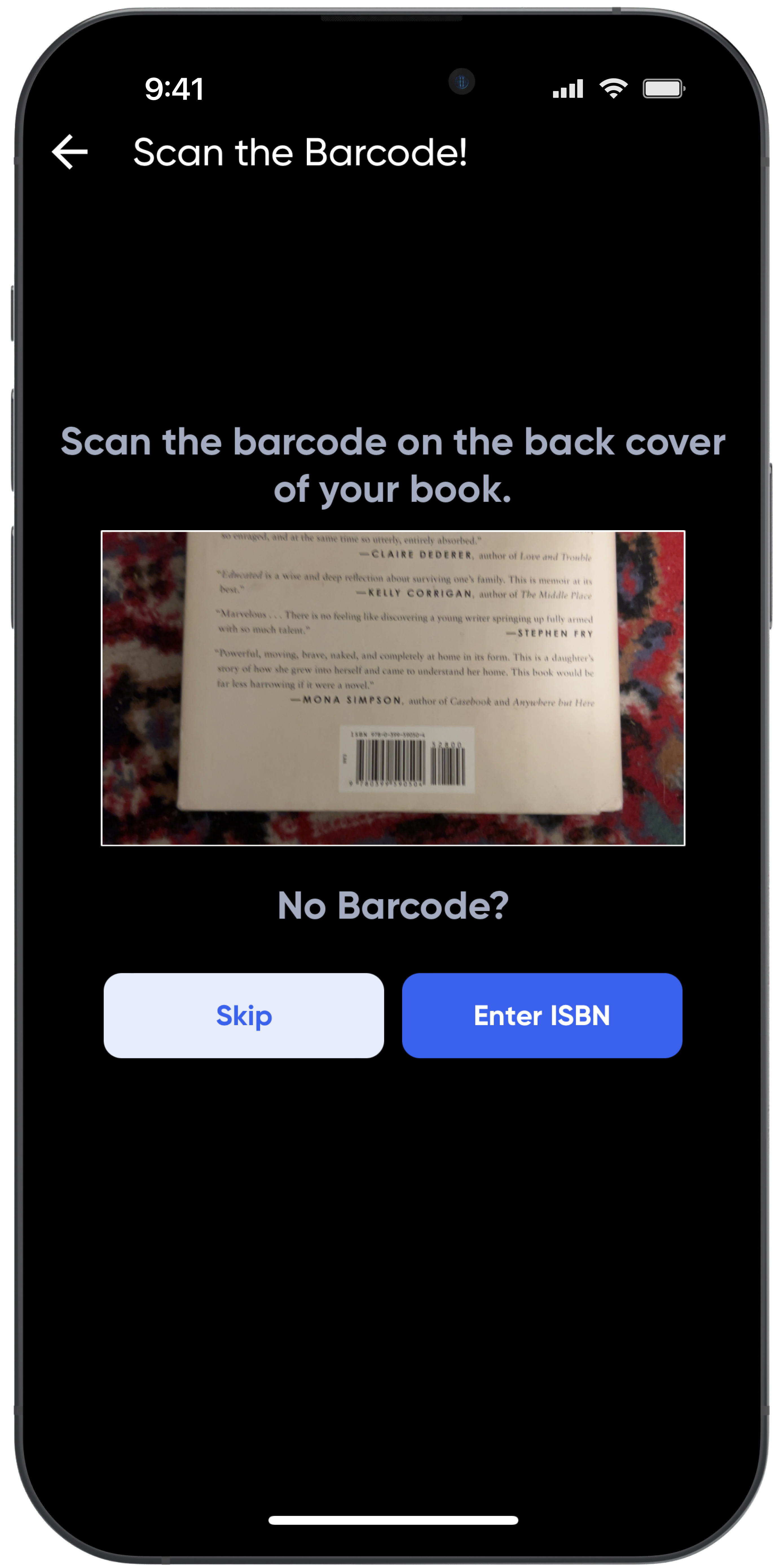 App screenshot of barcode